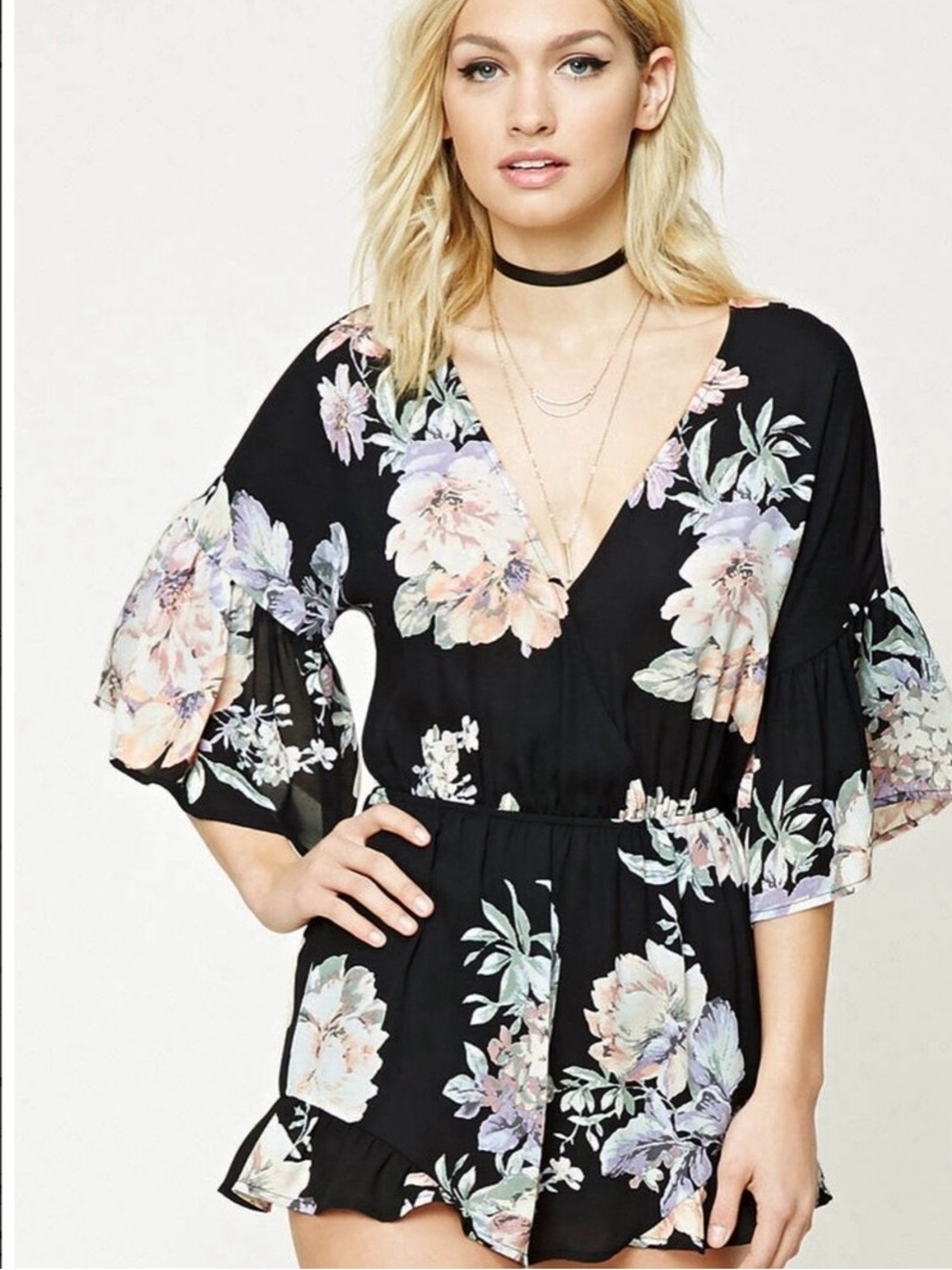 Black Floral V‑Neck Romper
